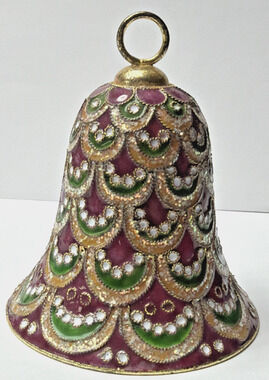 Vtg Enamel Cloisonné Bell Ornament Purple Green Gold Scallop Tree Feather As Is